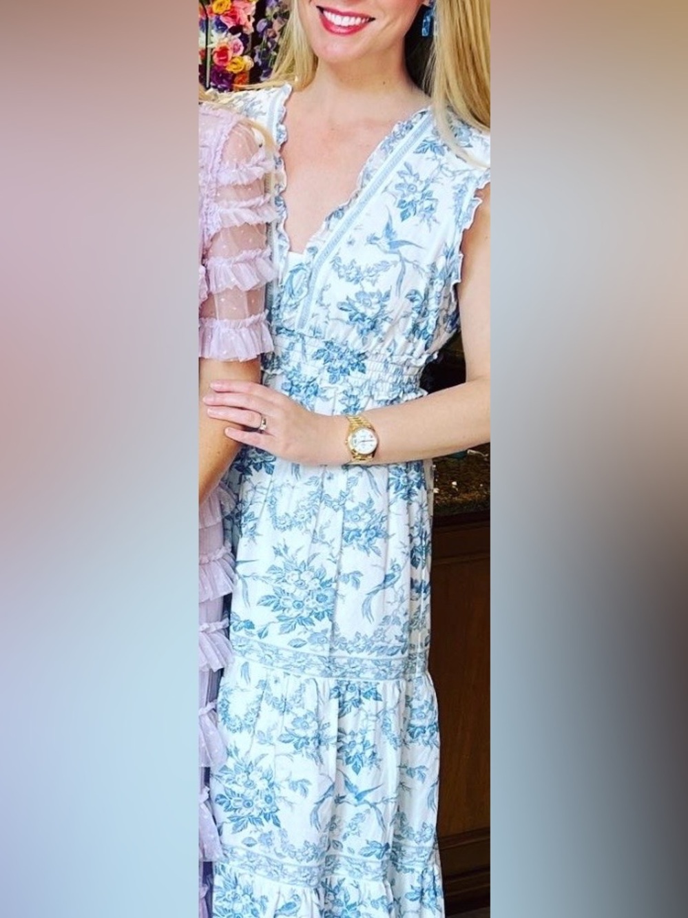 Max Studio White Dress with Blue Floral Print, Size L